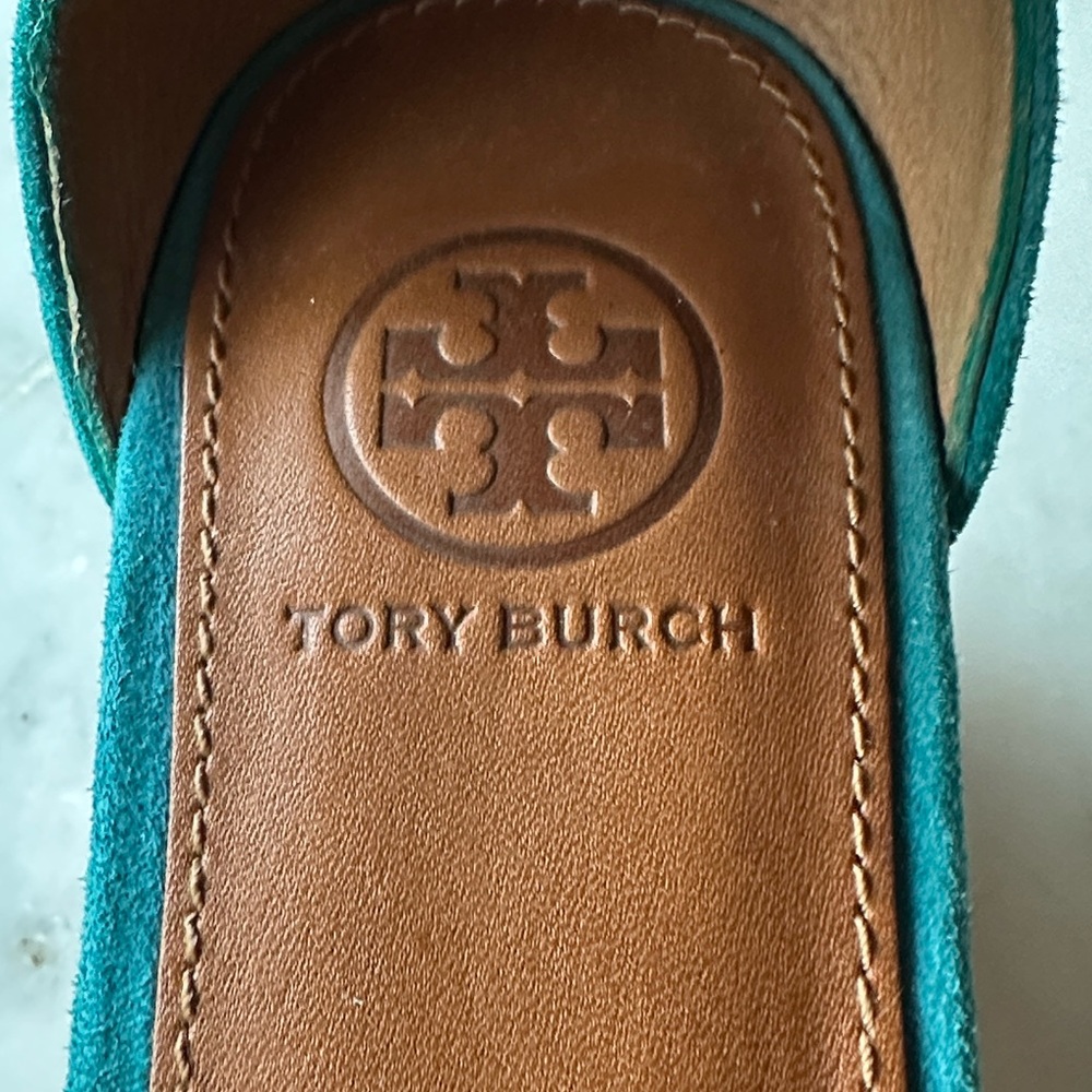 Tory Burch Savannah Teal Suede Cork Wedges - Picture 5 of 7